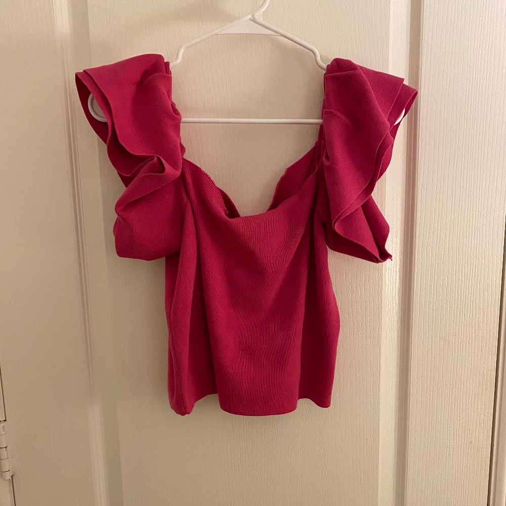 Pink Ruffle Of the Shoulder Top